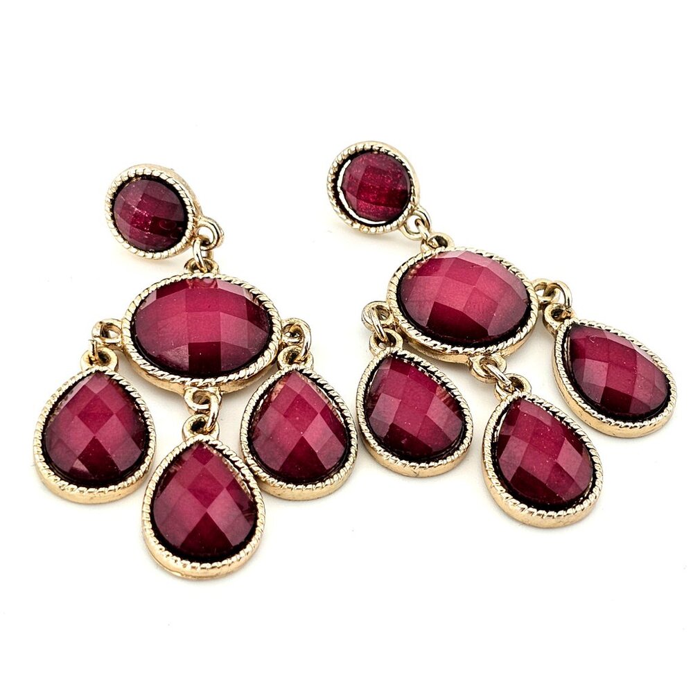 Burgundy Faceted Drop Earrings Gold Tone Teardrop Statement